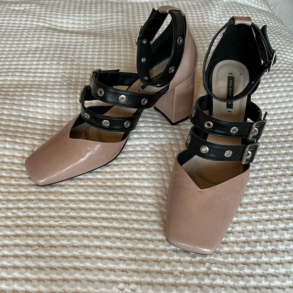 Zara || Black Blush Ballerina Square Toe Block Heel - Picture 2 of 7